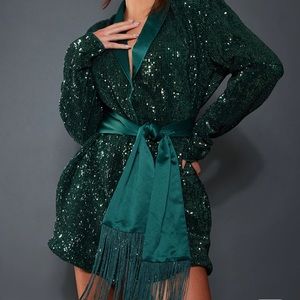 PLT emerald green sequin tassel tie blazer